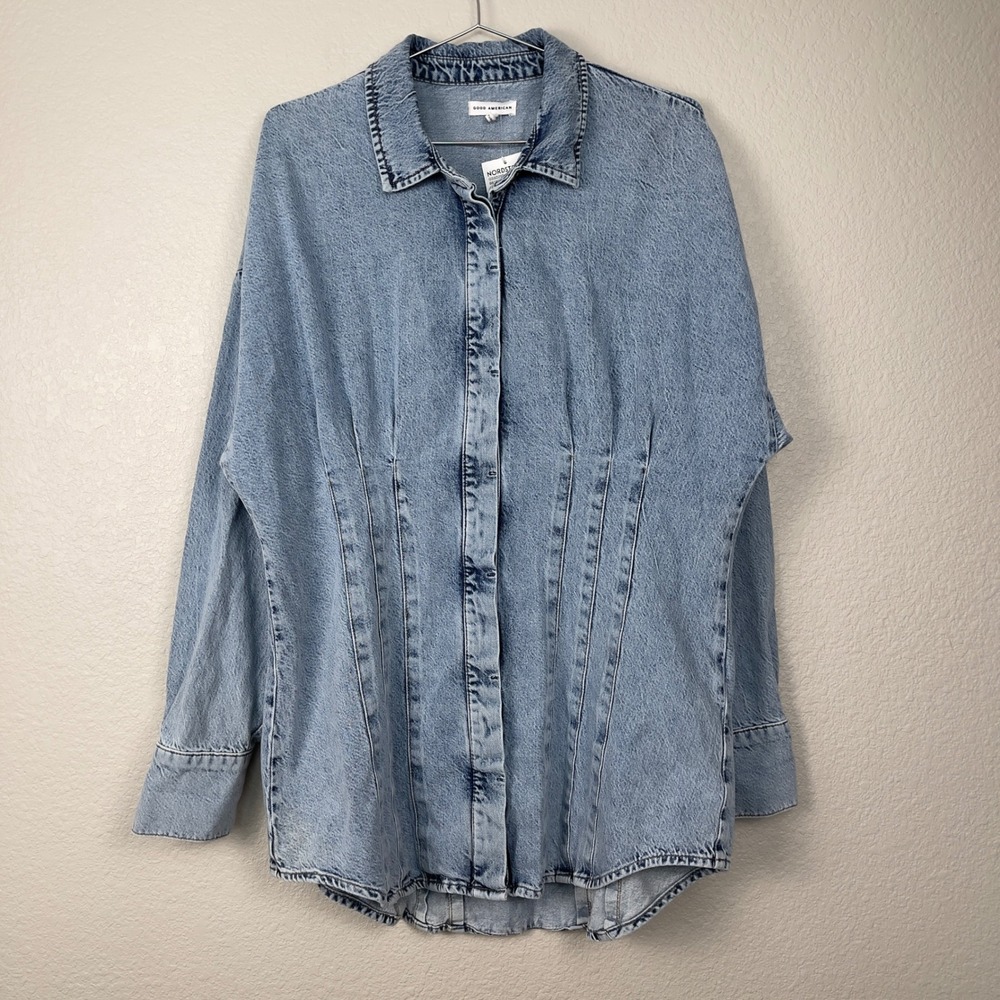 Good American Seamed Long Sleeve Denim Shirtdress Size 4 XL Blue Mini - Picture 6 of 15